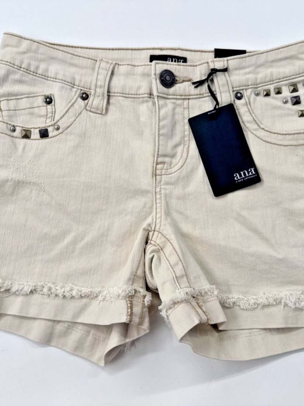 ANA Denim Shorts Womens 4 Ivory Stretch Fringe Jean Flap Pockets Boho Cotton NEW